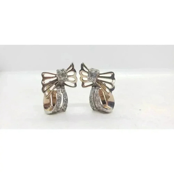 Vintage Earrings Gold Bows & Ribbons Rhinestone Clip Dimensional Holiday Gift - Picture 7 of 7